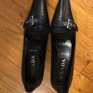 Black Leather prada Kitten Heels Pumps shoes